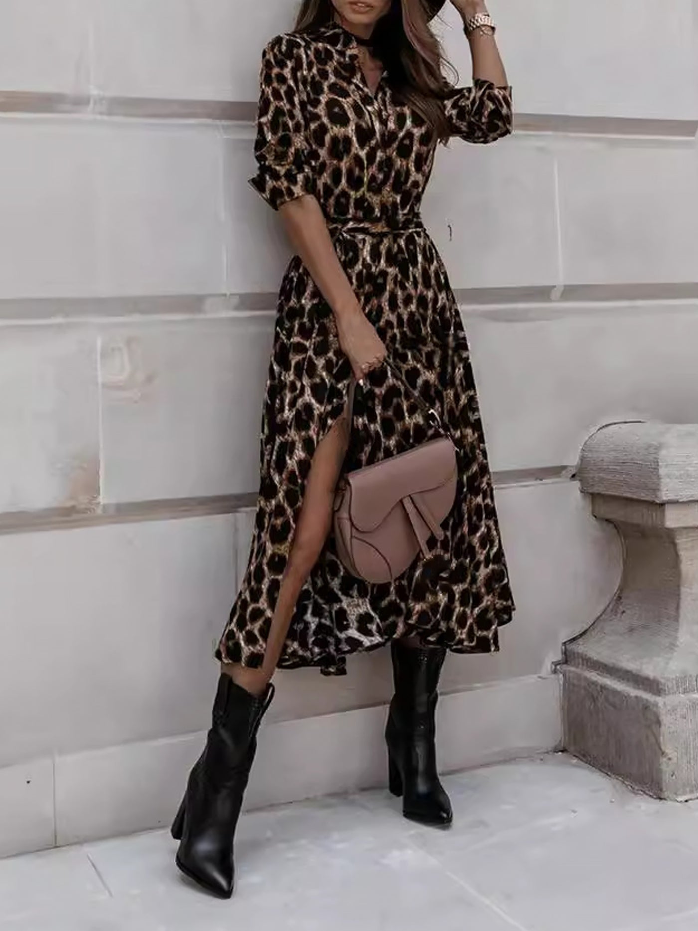 Allegra K Long Sleeves Leopard Belted Lace-Up Midi Shirt Dress