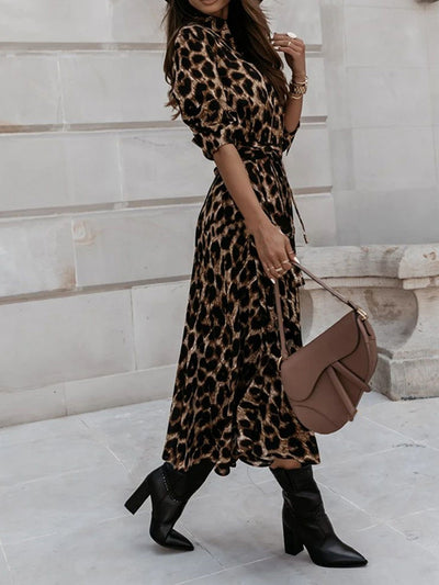 Long Sleeves Leopard Belted Lace-Up Midi Shirt Dress