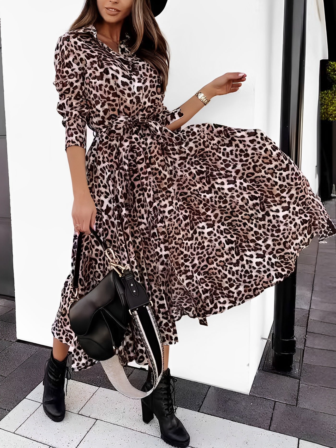 Allegra K Long Sleeves Leopard Belted Lace-Up Midi Shirt Dress