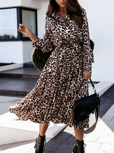 Long Sleeves Leopard Belted Lace-Up Midi Shirt Dress