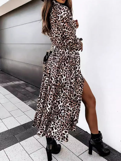 Long Sleeves Leopard Belted Lace-Up Midi Shirt Dress