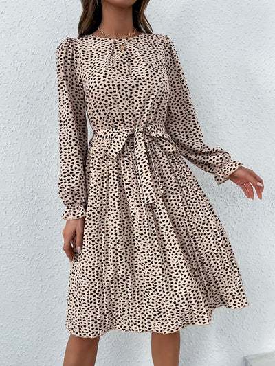 Round Neck Long Sleeve Lace-Up Leopard Pleated Midi Dress