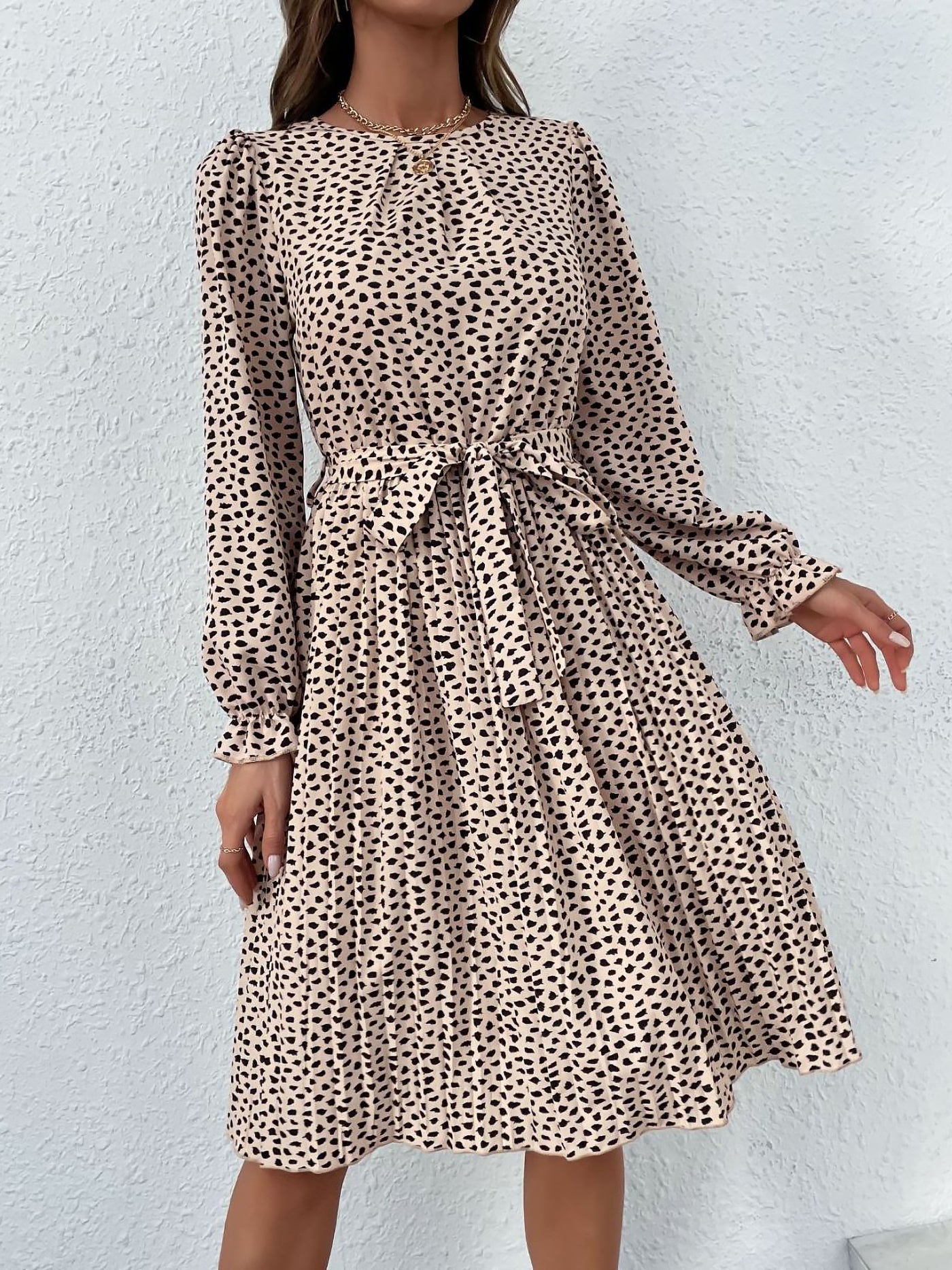 Allegra K Round Neck Long Sleeve Lace-Up Leopard Pleated Midi Dress