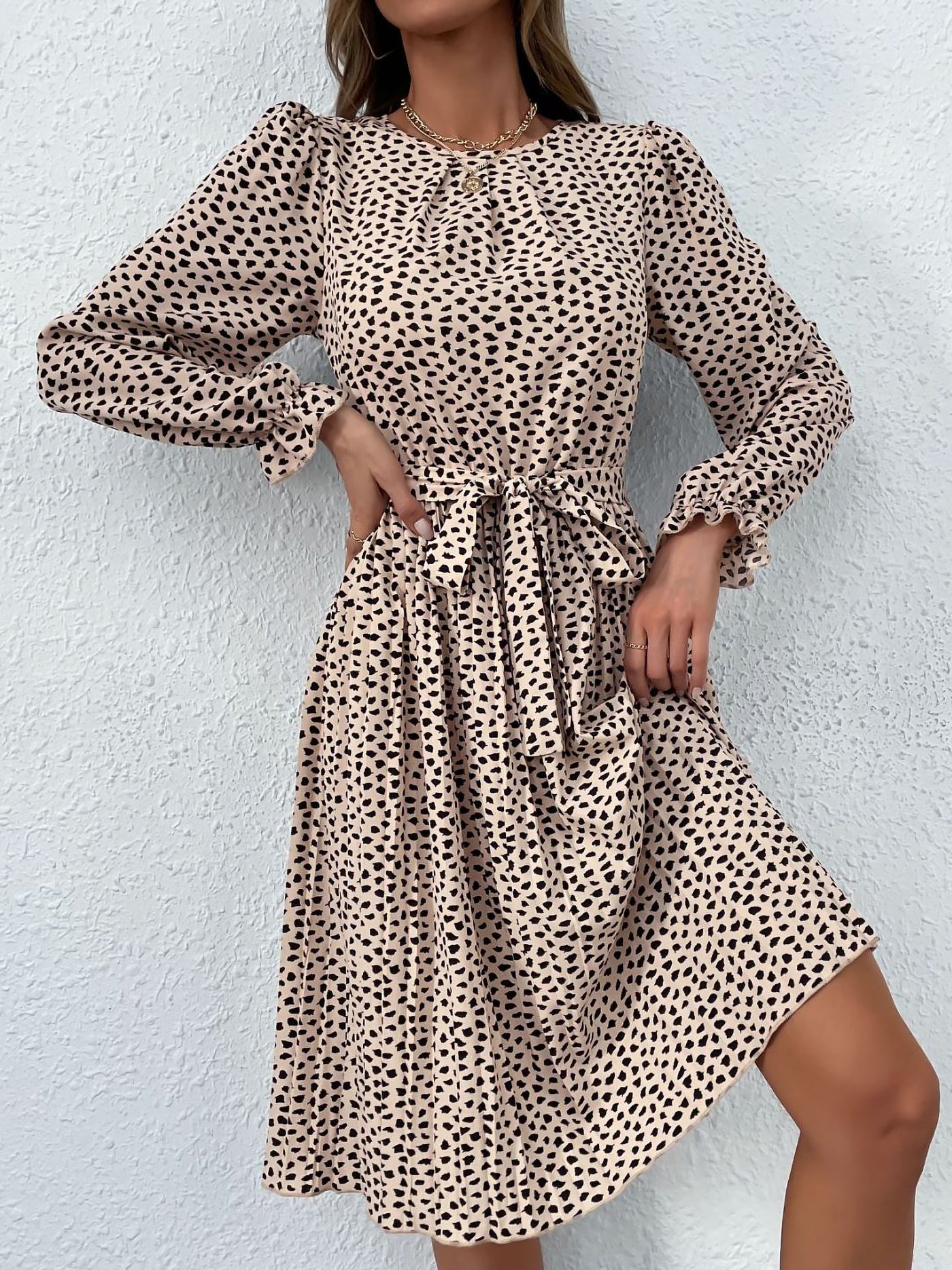 Allegra K Round Neck Long Sleeve Lace-Up Leopard Pleated Midi Dress