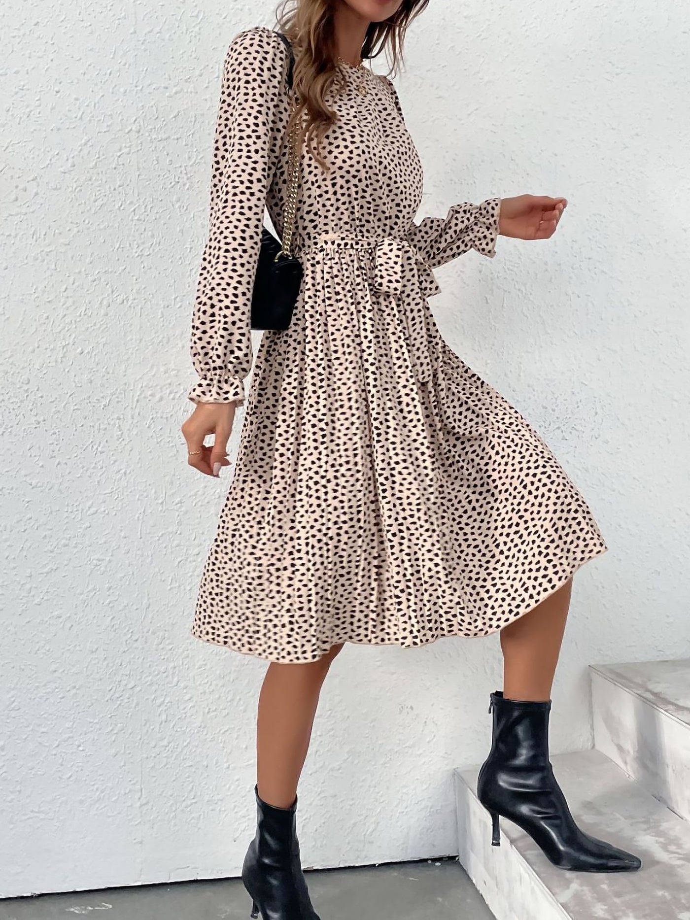 Allegra K Round Neck Long Sleeve Lace-Up Leopard Pleated Midi Dress