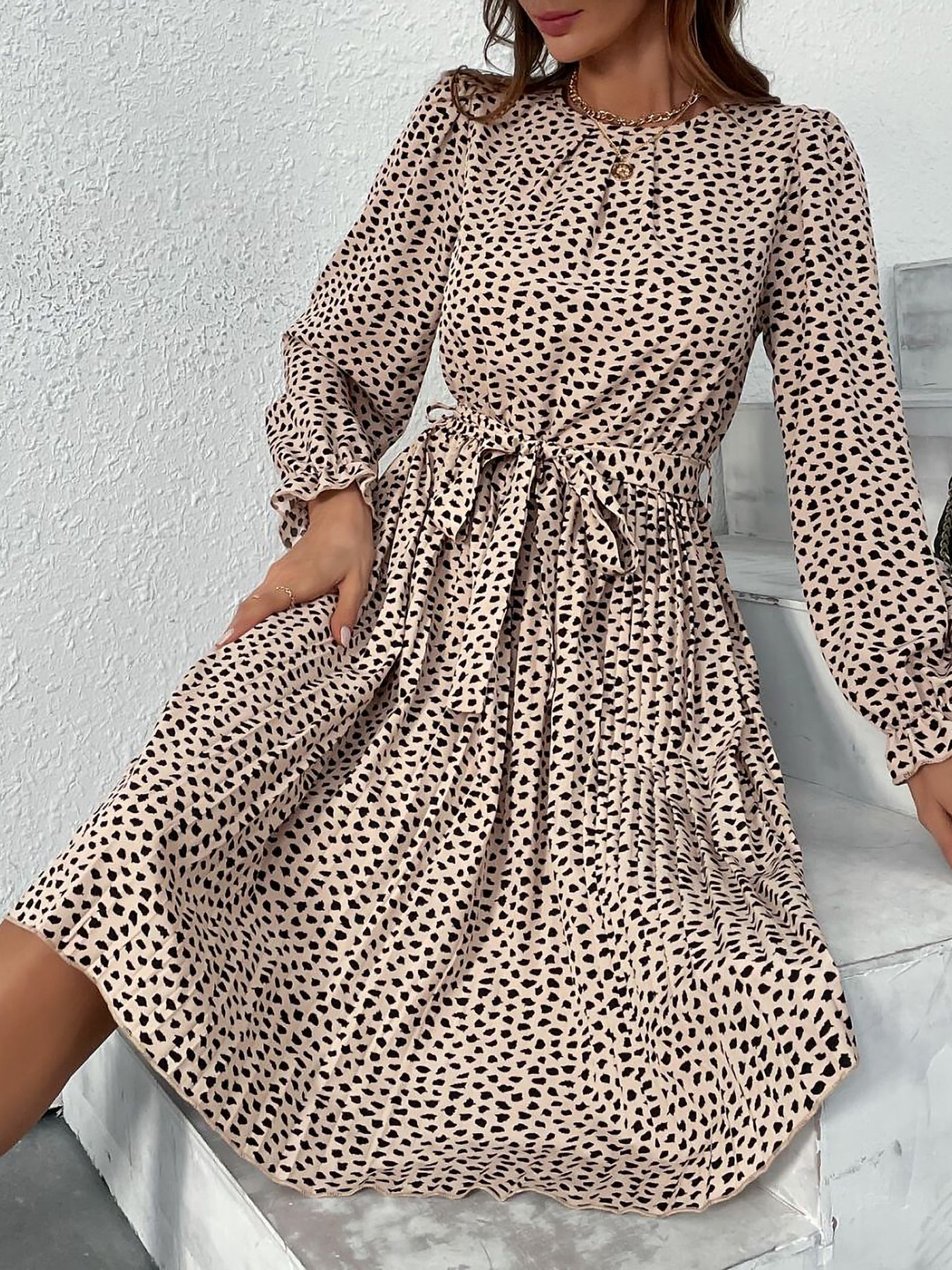 Allegra K Round Neck Long Sleeve Lace-Up Leopard Pleated Midi Dress