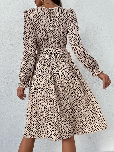 Round Neck Long Sleeve Lace-Up Leopard Pleated Midi Dress