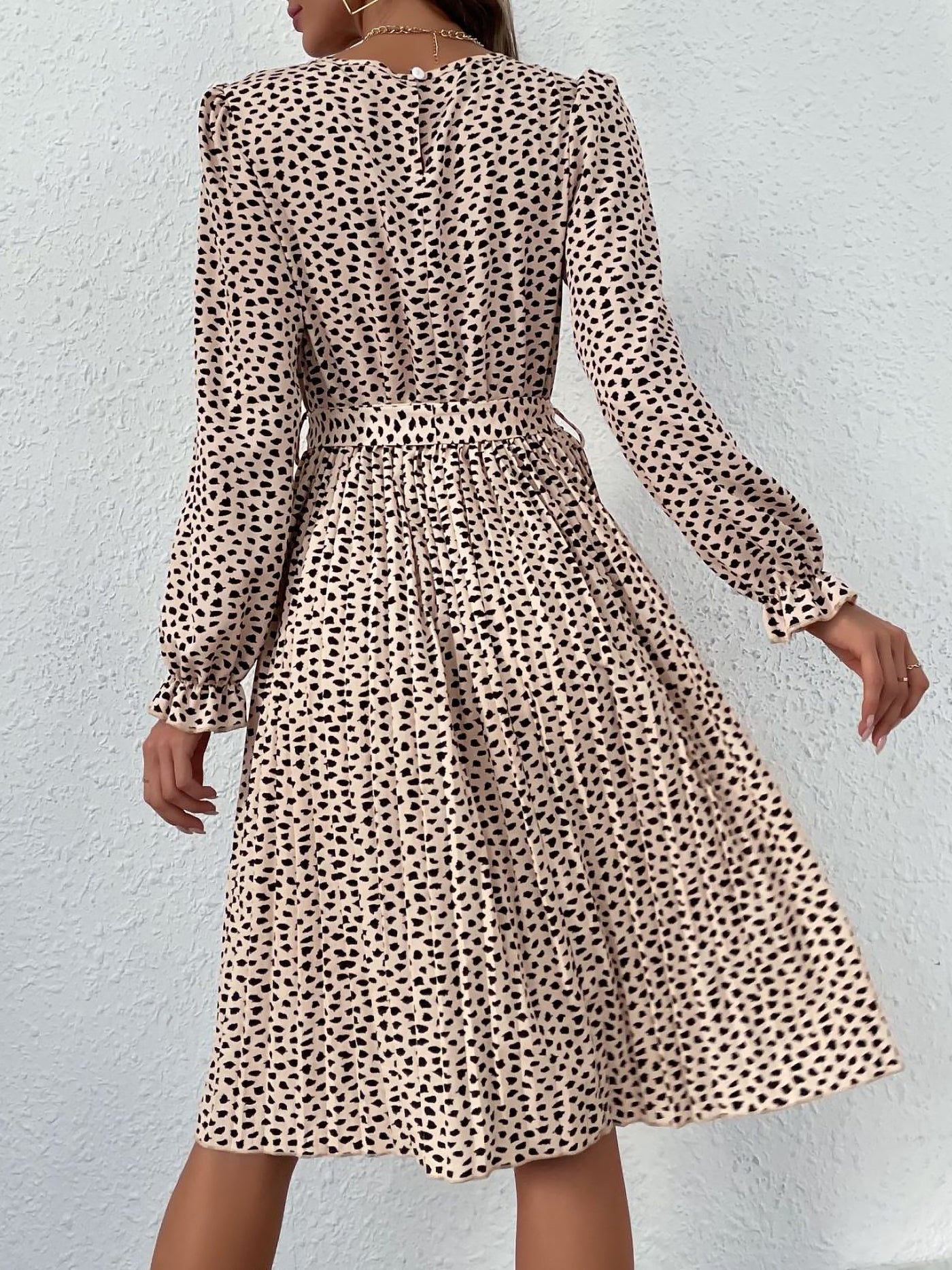 Allegra K Round Neck Long Sleeve Lace-Up Leopard Pleated Midi Dress