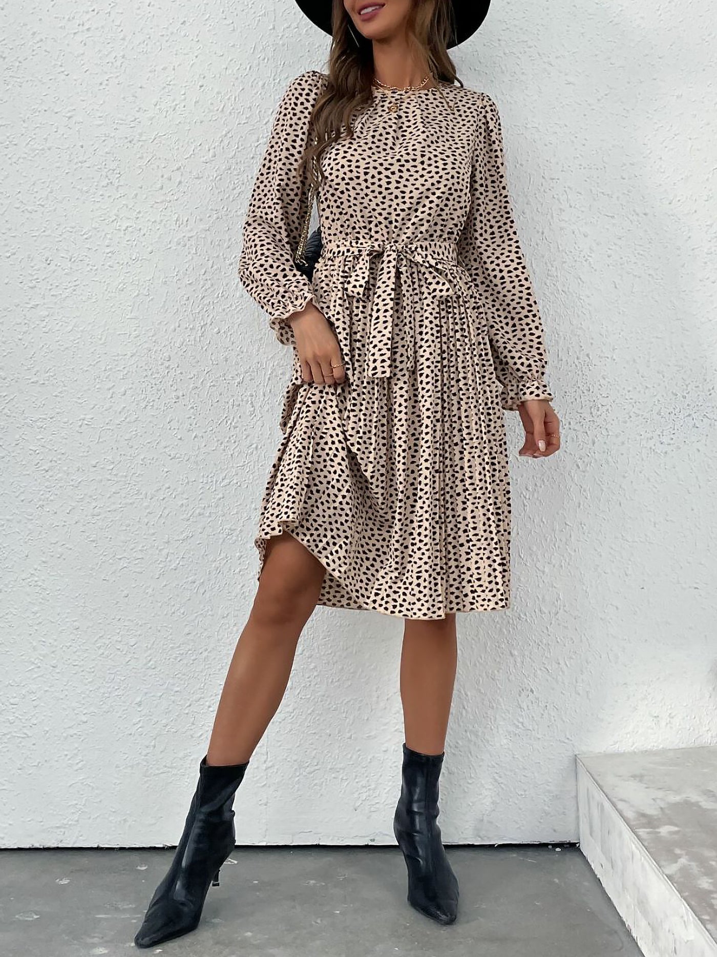 Allegra K Round Neck Long Sleeve Lace-Up Leopard Pleated Midi Dress