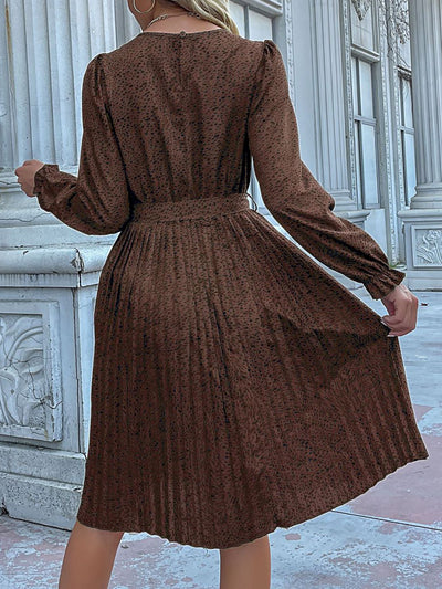 Round Neck Long Sleeve Lace-Up Leopard Pleated Midi Dress