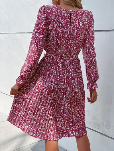 Round Neck Long Sleeve Lace-Up Leopard Pleated Midi Dress