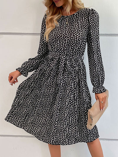 Round Neck Long Sleeve Lace-Up Leopard Pleated Midi Dress