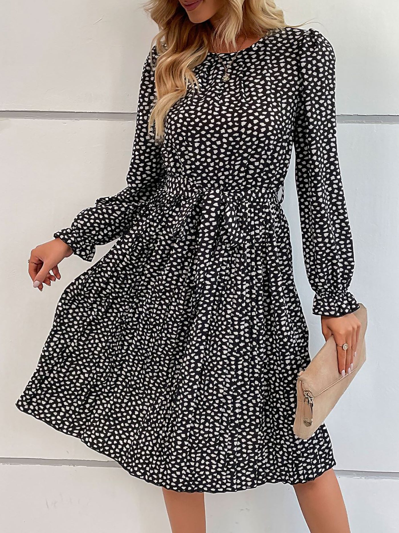 Allegra K Round Neck Long Sleeve Lace-Up Leopard Pleated Midi Dress