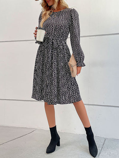 Round Neck Long Sleeve Lace-Up Leopard Pleated Midi Dress