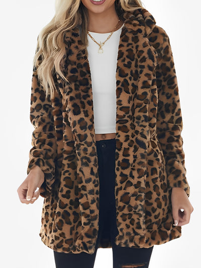 Allegra K Long Sleeves Leopard Pocketed Loose Faux Fur Coat