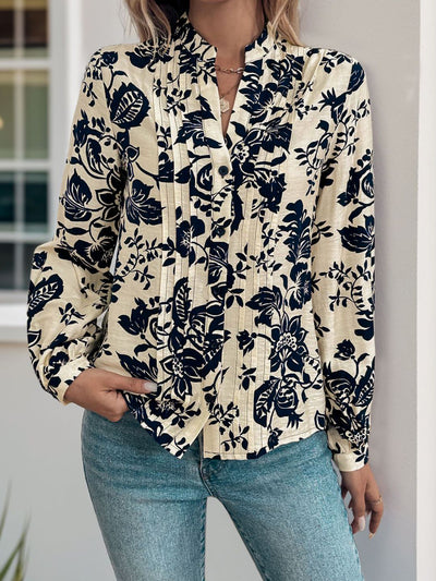 Allegra K Pleated Floral Long Sleeves Button Down Blouse