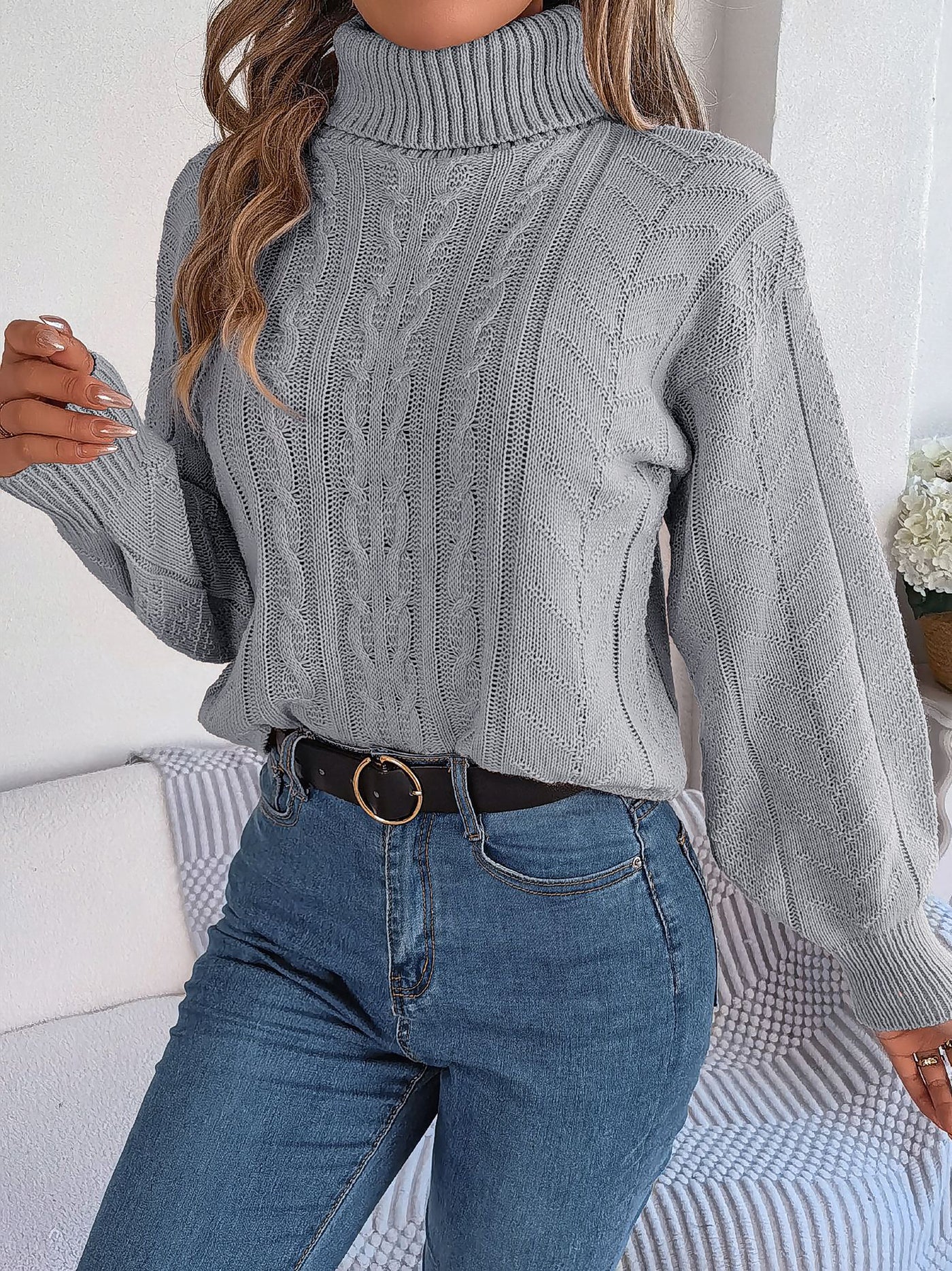 Allegra K Turtle Neck Twist Knit Long Sleeve Pullover Sweater