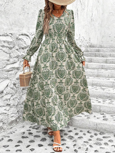 Floral V Neck Long Sleeve Smocked Waist Swing Maxi Dress