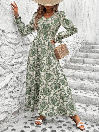 Floral V Neck Long Sleeve Smocked Waist Swing Maxi Dress