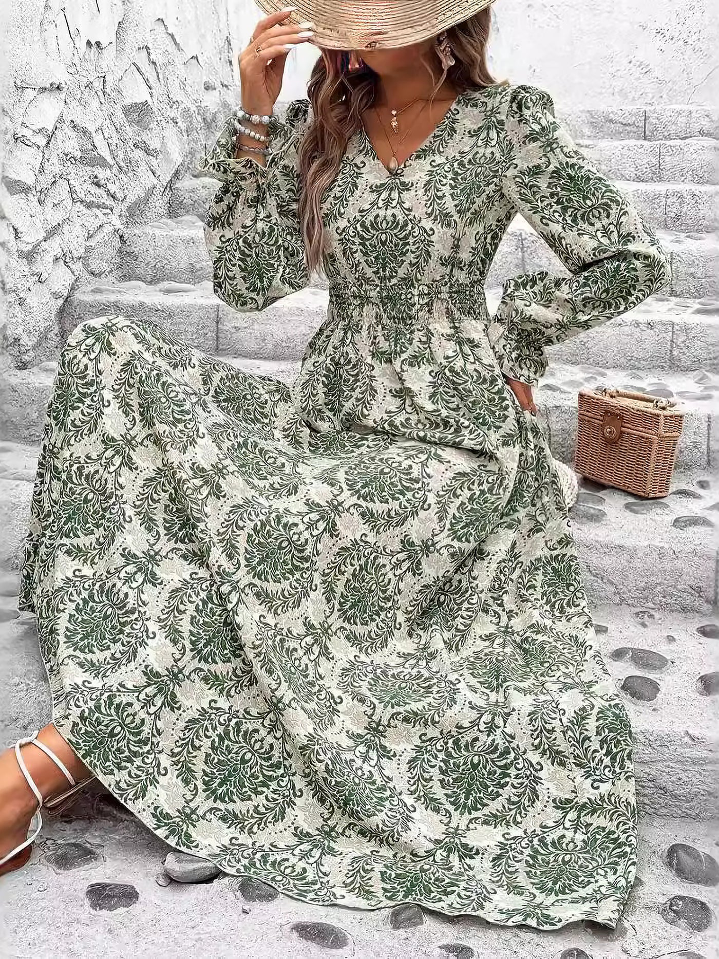 Allegra K Floral V Neck Long Sleeve Smocked Waist Swing Maxi Dress