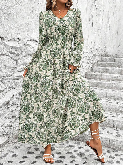 Floral V Neck Long Sleeve Smocked Waist Swing Maxi Dress