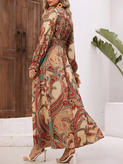 Floral V Neck Long Sleeve Smocked Waist Swing Maxi Dress