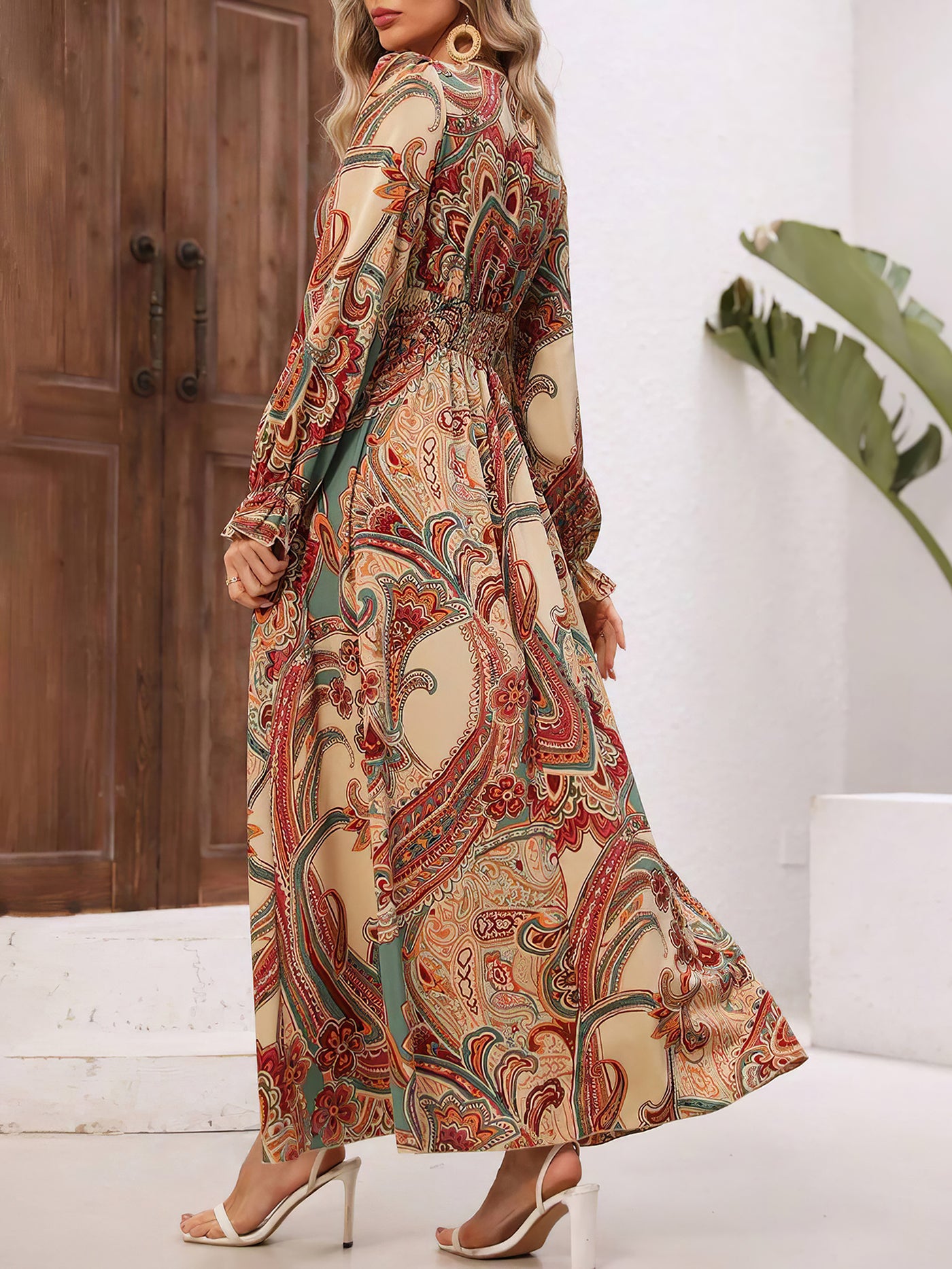 Allegra K Floral V Neck Long Sleeve Smocked Waist Swing Maxi Dress