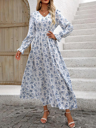 Floral V Neck Long Sleeve Smocked Waist Swing Maxi Dress