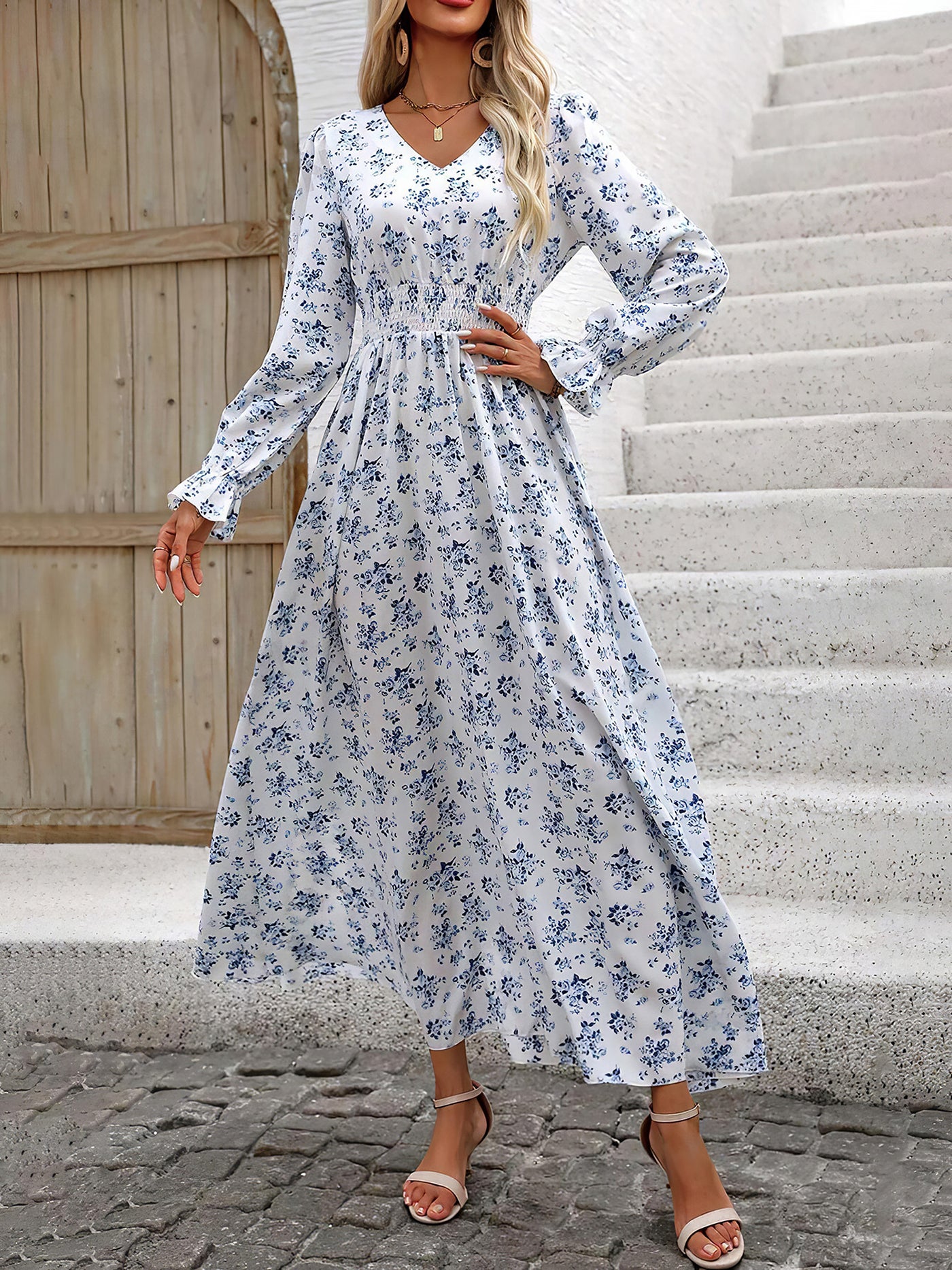 Allegra K Floral V Neck Long Sleeve Smocked Waist Swing Maxi Dress