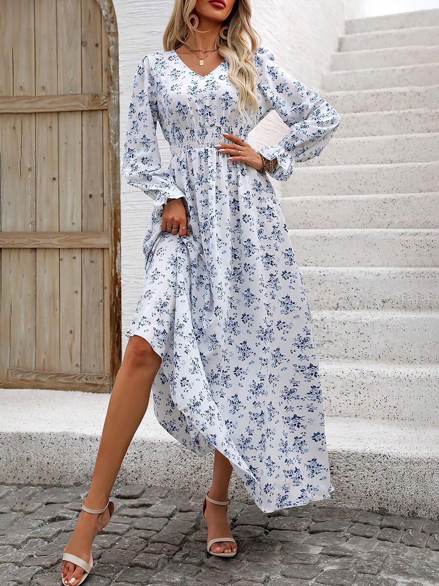 Allegra K Floral V Neck Long Sleeve Smocked Waist Swing Maxi Dress