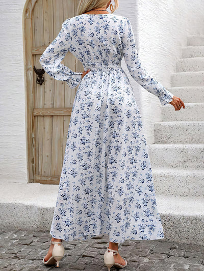 Floral V Neck Long Sleeve Smocked Waist Swing Maxi Dress