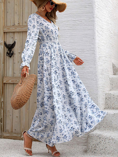 Floral V Neck Long Sleeve Smocked Waist Swing Maxi Dress