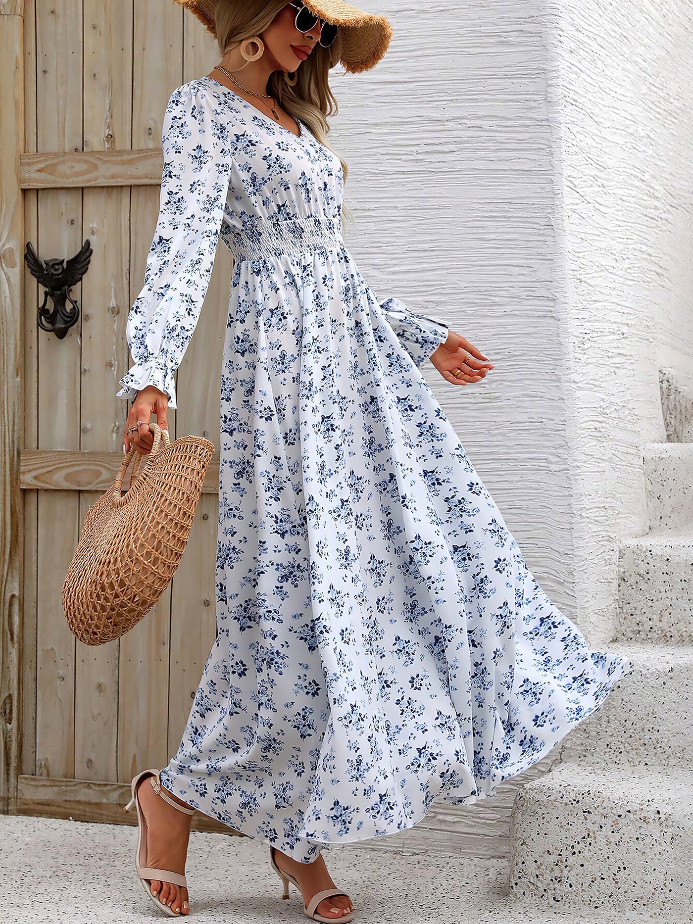 Allegra K Floral V Neck Long Sleeve Smocked Waist Swing Maxi Dress