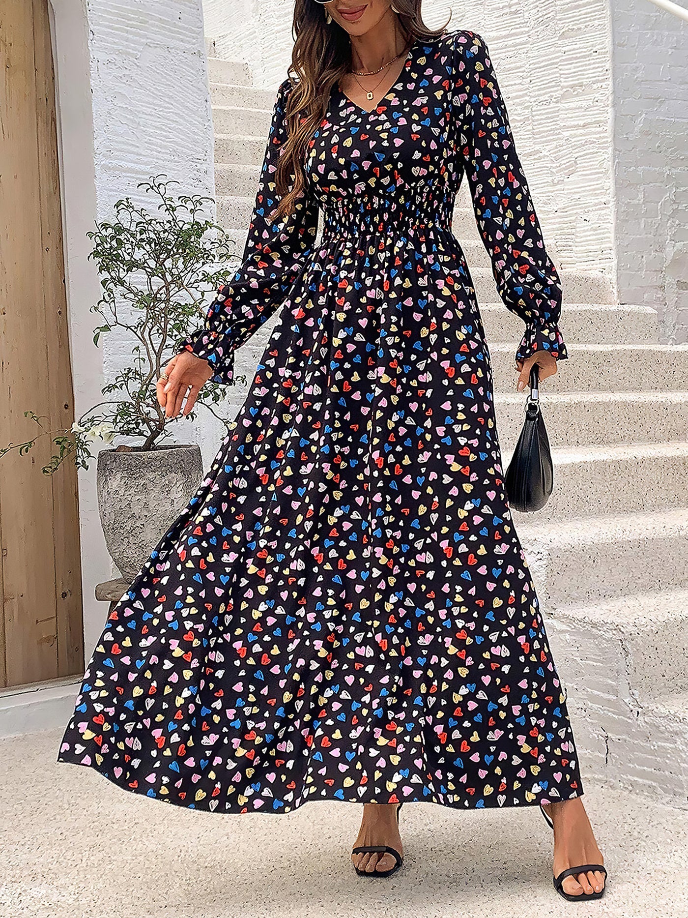 Allegra K Floral V Neck Long Sleeve Smocked Waist Swing Maxi Dress