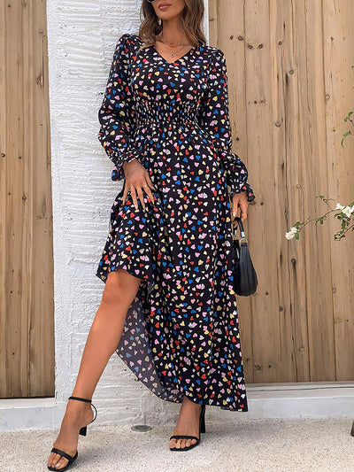 Floral V Neck Long Sleeve Smocked Waist Swing Maxi Dress