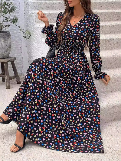 Floral V Neck Long Sleeve Smocked Waist Swing Maxi Dress