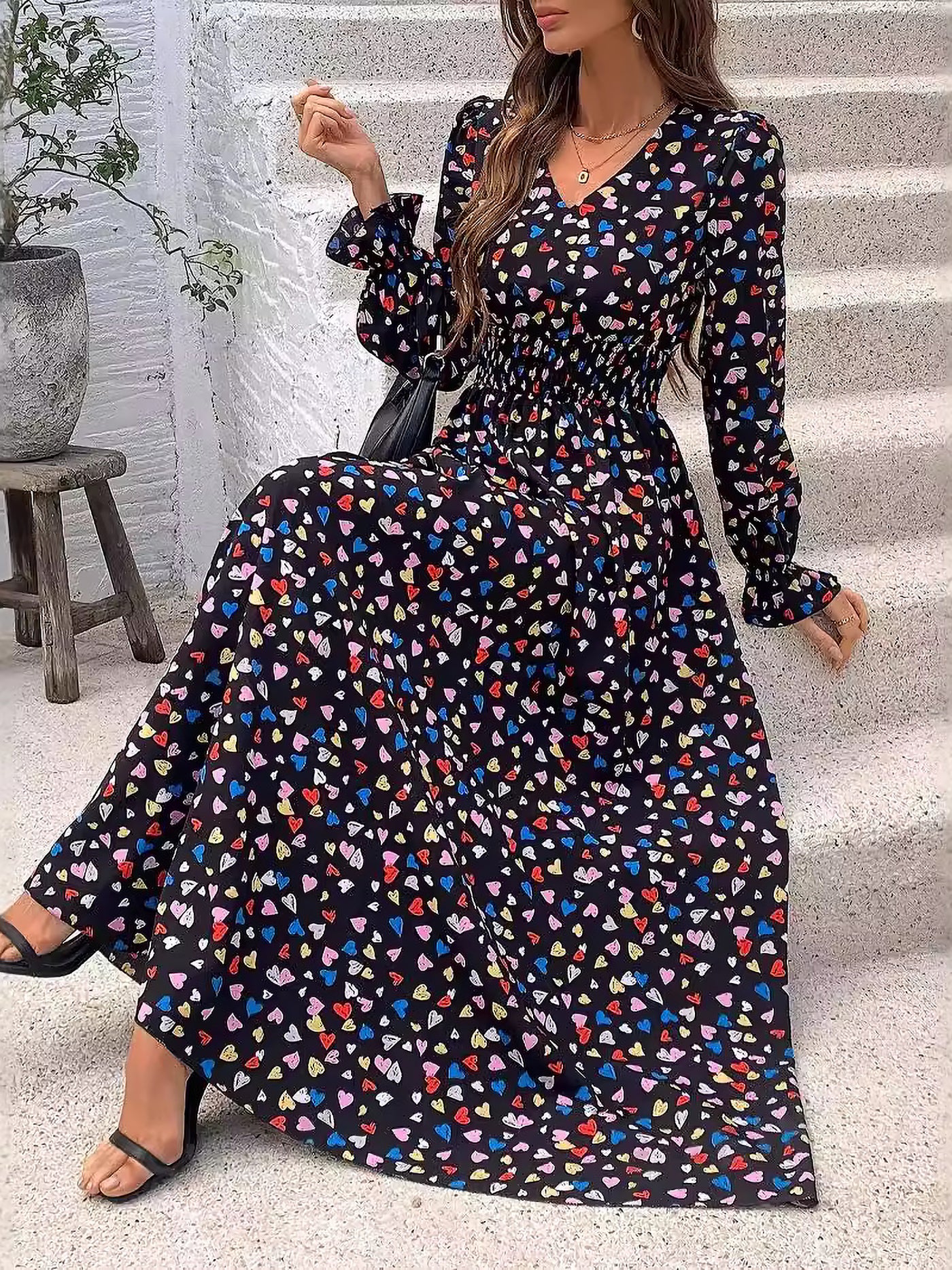 Allegra K Floral V Neck Long Sleeve Smocked Waist Swing Maxi Dress