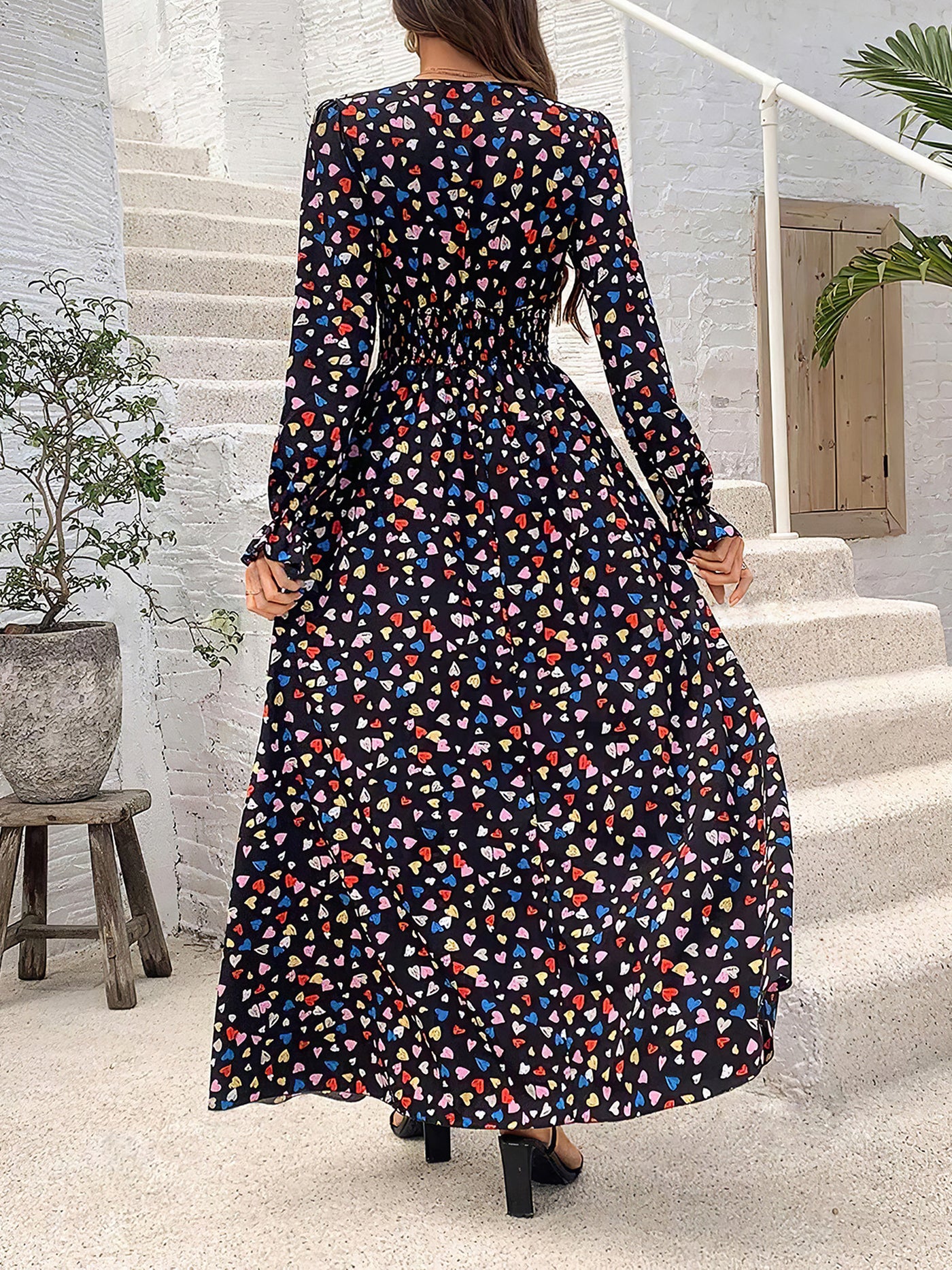 Allegra K Floral V Neck Long Sleeve Smocked Waist Swing Maxi Dress