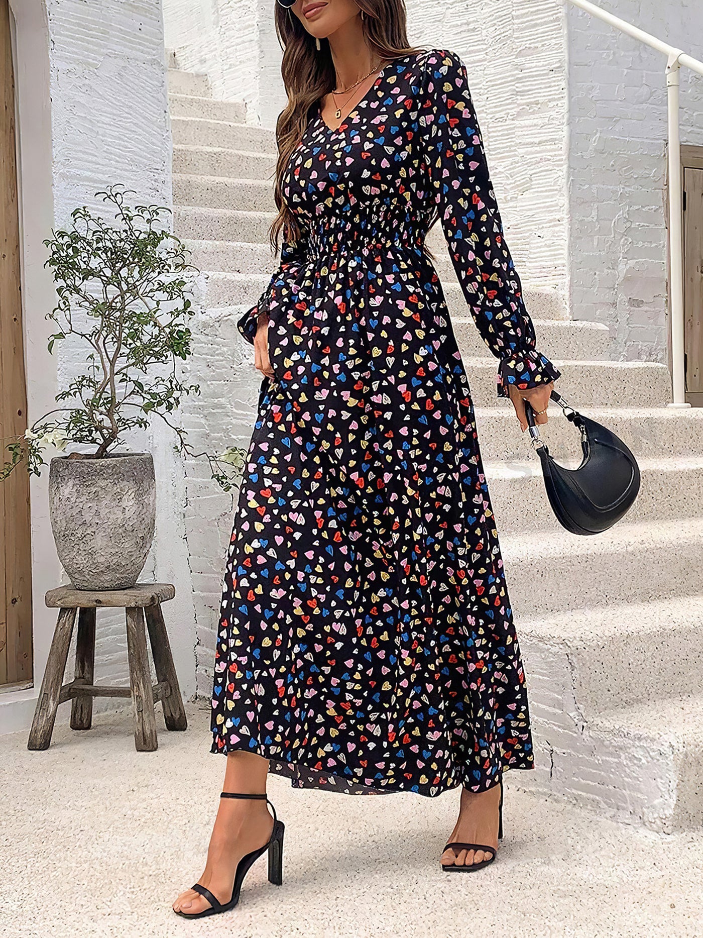 Allegra K Floral V Neck Long Sleeve Smocked Waist Swing Maxi Dress