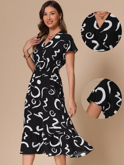 2025 Summer Maxi Dress for Women's V Neck Cap Sleeve Smocked Brush Strokes Print Long Dress