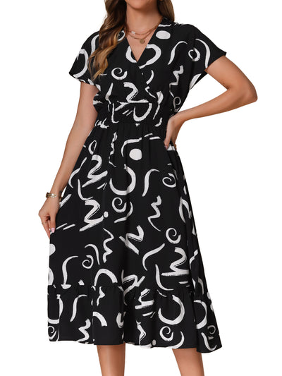 2025 Summer Maxi Dress for Women's V Neck Cap Sleeve Smocked Brush Strokes Print Long Dress