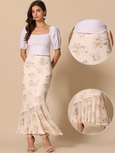 Floral Skirts for Women's Mesh Long Skirts High Waist Summer Bodycon Ruffle Mermaid Midi Skirt