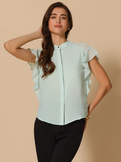 Solid Stand Collar Ruffle Sleeve Casual Blouse