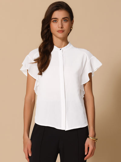 Solid Stand Collar Ruffle Sleeve Casual Blouse