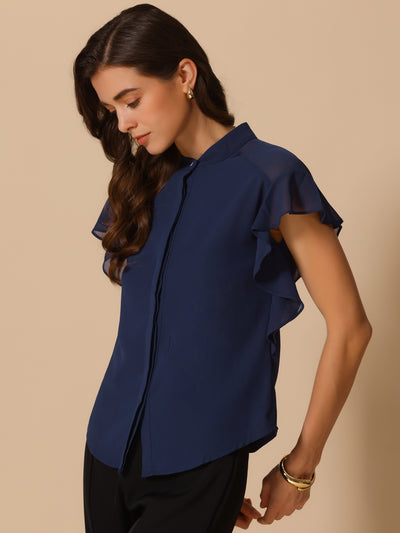 Solid Stand Collar Ruffle Sleeve Casual Blouse