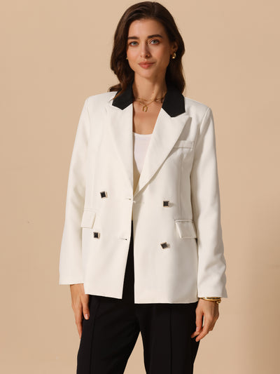 Allegra K Colorblock Notched Lapel Double Breasted Pocketed Blazer