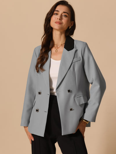 Colorblock Notched Lapel Double Breasted Pocketed Blazer