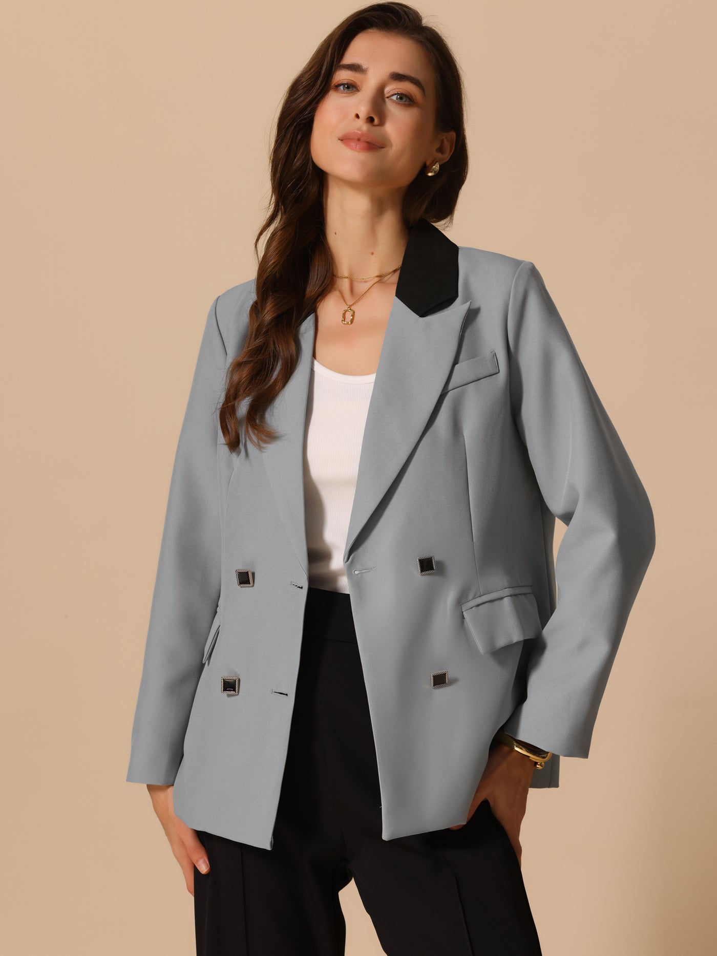 Allegra K Colorblock Notched Lapel Double Breasted Pocketed Blazer