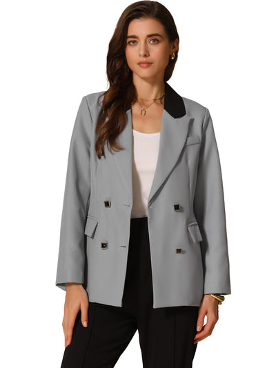 Colorblock Notched Lapel Double Breasted Pocketed Blazer