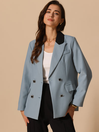 Colorblock Notched Lapel Double Breasted Pocketed Blazer